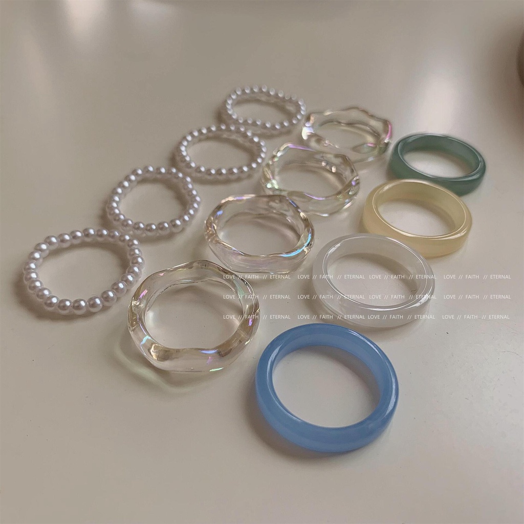 Bộ 3 Nhẫn Đính Ngọc Trai Bằng Nhựa Acrylic Trong Suốt Phong Cách Retro Thời Trang Cho Nữ