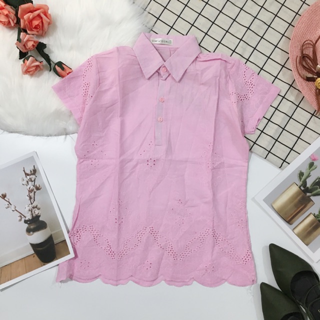 Áo voan cổ sơ mi tay con cắt hoa laze ảnh chụp thật 100%