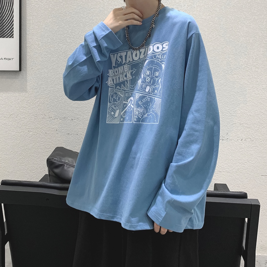 Áo Thun Tay Dài Dáng Rộng In Họa Tiết Hoạt Hình Thời Trang Xuân Thu Cho Nam