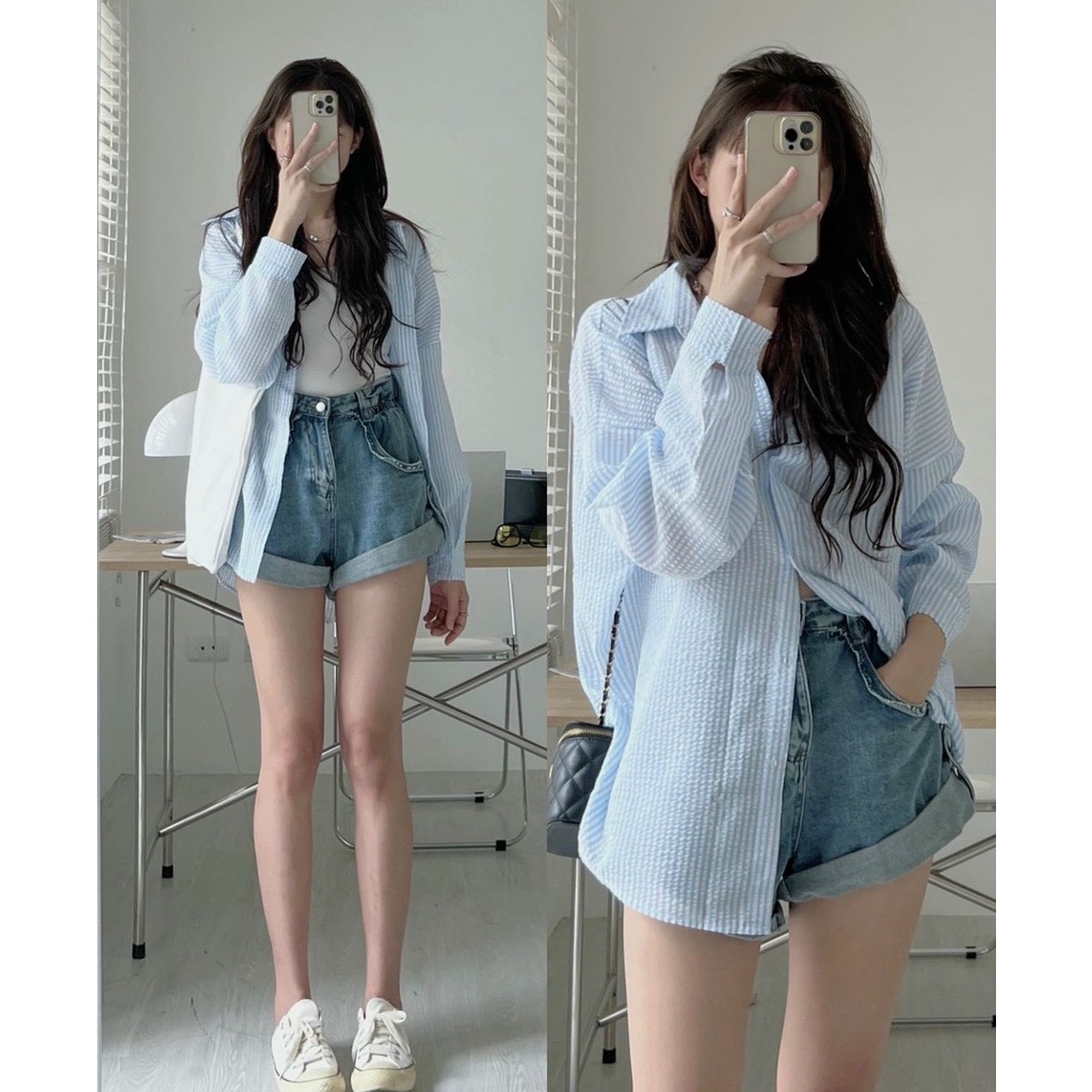 Áo sơ mi nữ dáng rộng dài tay vải xốp kẻ, Áo somi nữ tay dài caro phong cách Hàn Quốc tươi tắn form rộng Xưởng May Hạnh