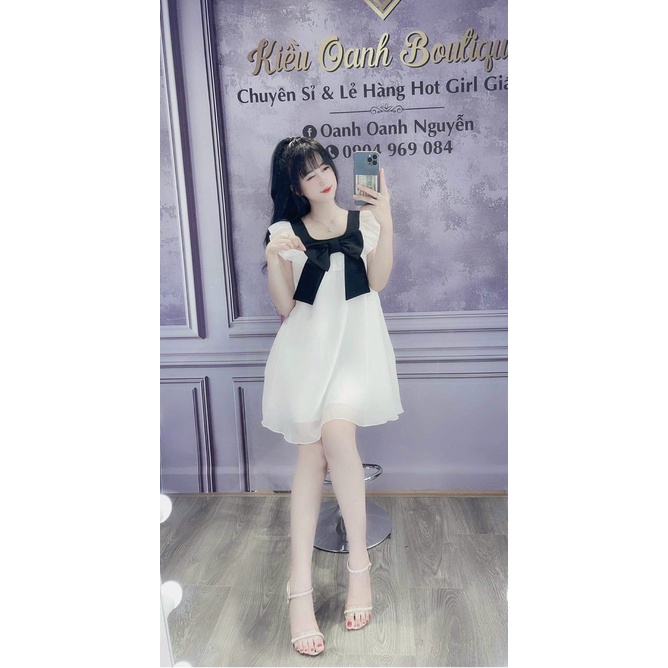 Đầm baby doll phối bèo nơ ngực xinh xắn