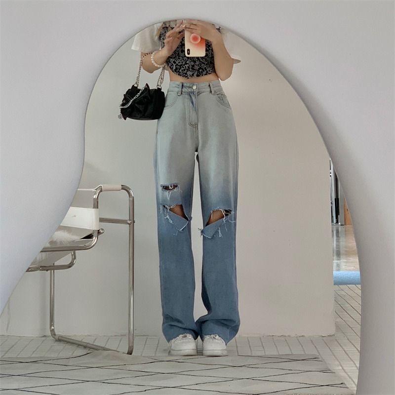 Quần Jeans Dài Lưng Cao Ống Rộng Phối Vết Rách Màu Sắc Vintage Cho Nữ