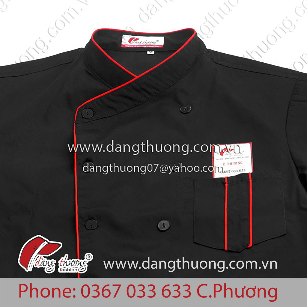 Áo đầu bếp nhà hàng khách sạn màu đen viền đỏ tay ngắn tay dài
