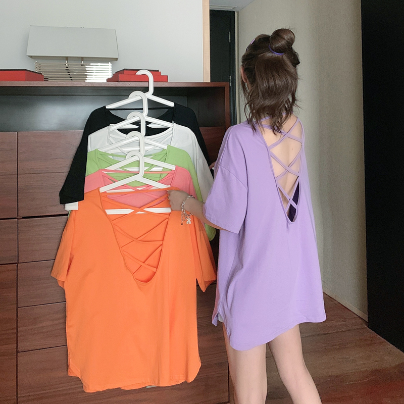 Áo thun dáng rộng ngắn tay thiết kế hở lưng thời trang cho nữ
