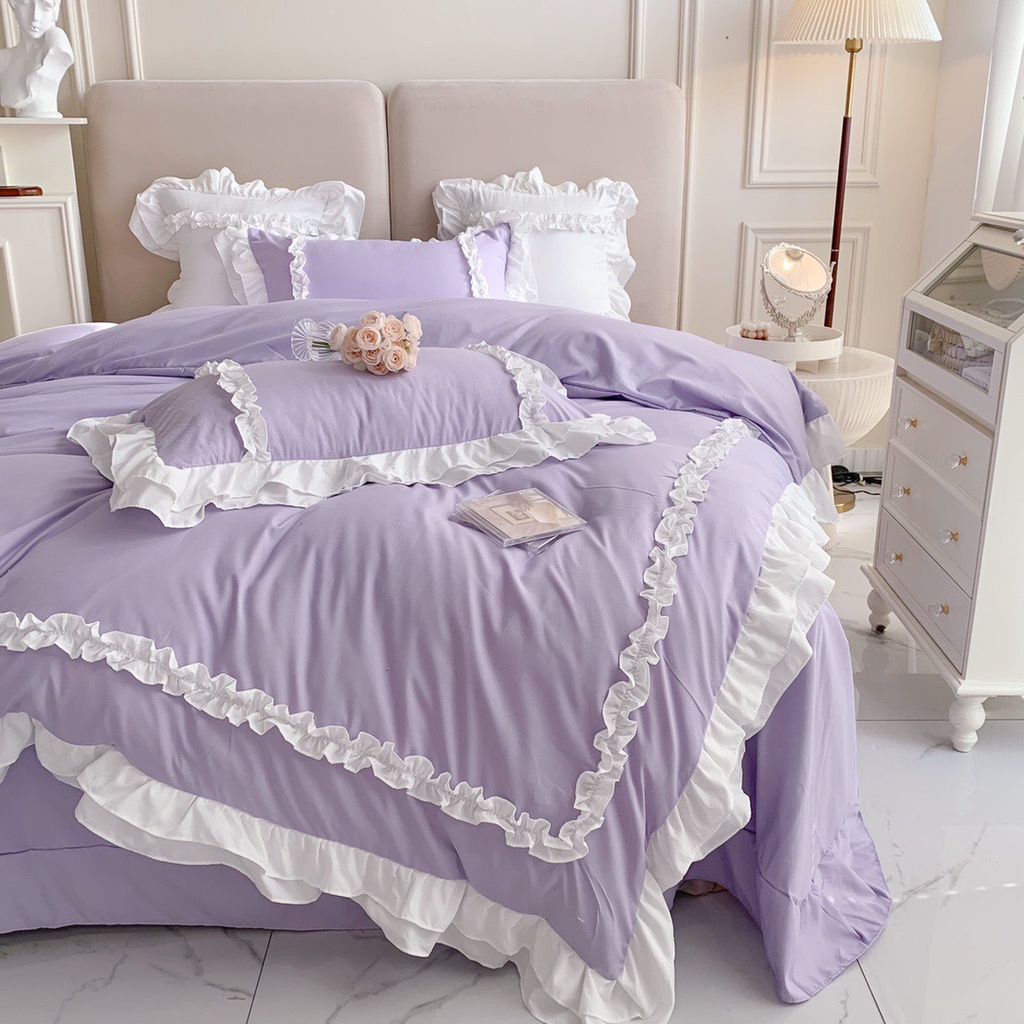 Bộ chăn ga gối cotton viền bèo 2 tầng mẫu mới 2022 , ga giường vỏ gối cotton hoạt tính chất liệu thoáng mát không bai xù