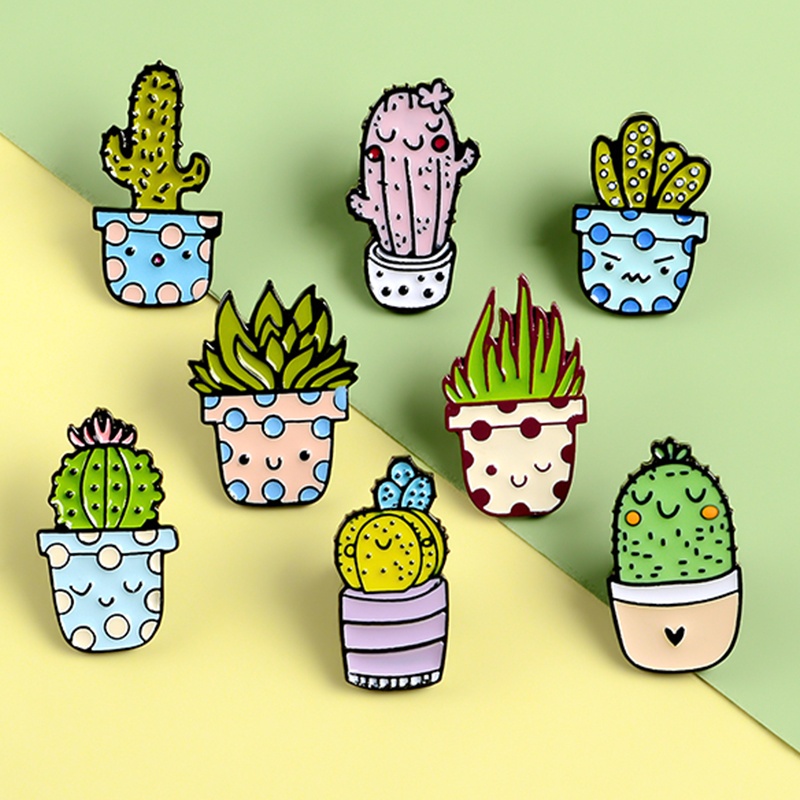 Ghim Cài Áo Hình Chậu Cây Xương Rồng / Lô Hội Tráng Men 8 Mẫu Dùng Làm Quà Tặng Cho Bạn Bè