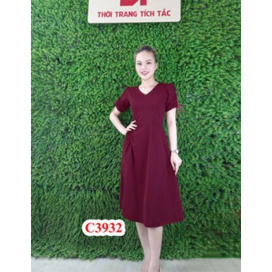 Đầm xòe cổ V màu đỏ tay rút dây dúm eo 280k