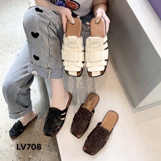 Giày sục nữ mũi vuông- dép nữ mũi đan, da mềm đế bằng, LV708