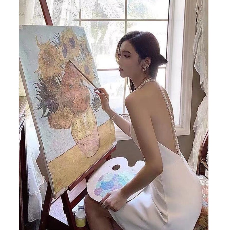 Đầm Hai Dây Đính Ngọc Trai Sang Trọng Phong Cách Pháp Quyến Rũ Cho Nữ