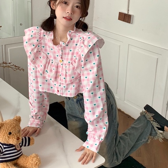 ZHELIHANGFEI Áo Sơ Mi Tay Dài Hở Eo Cao In Họa Tiết Trái Tim Quyến Rũ Dễ Phối Đồ