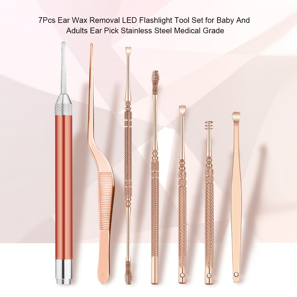 Bộ 7 Lấy Ráy Tai Có Đèn LED Bằng Thép Không Gỉ Màu Vàng Hồng Chất Lượng Cao [ FULLBOX ] Tặng Kèm 2 Pin AAA + 1 Móc Khóa | BigBuy360 - bigbuy360.vn