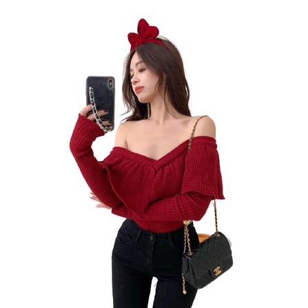 QKOOLE  Áo dệt kim cổ chữ V viền bèo nhún điệu đà phong cách Hàn Quốc