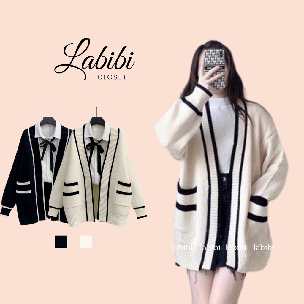 Áo Cardigan Len Nữ Dày Sọc Đen Trắng Có Túi, Cadigan Kẻ Kim Cương Ulzzang Hàn Quốc, Labibi | BigBuy360 - bigbuy360.vn