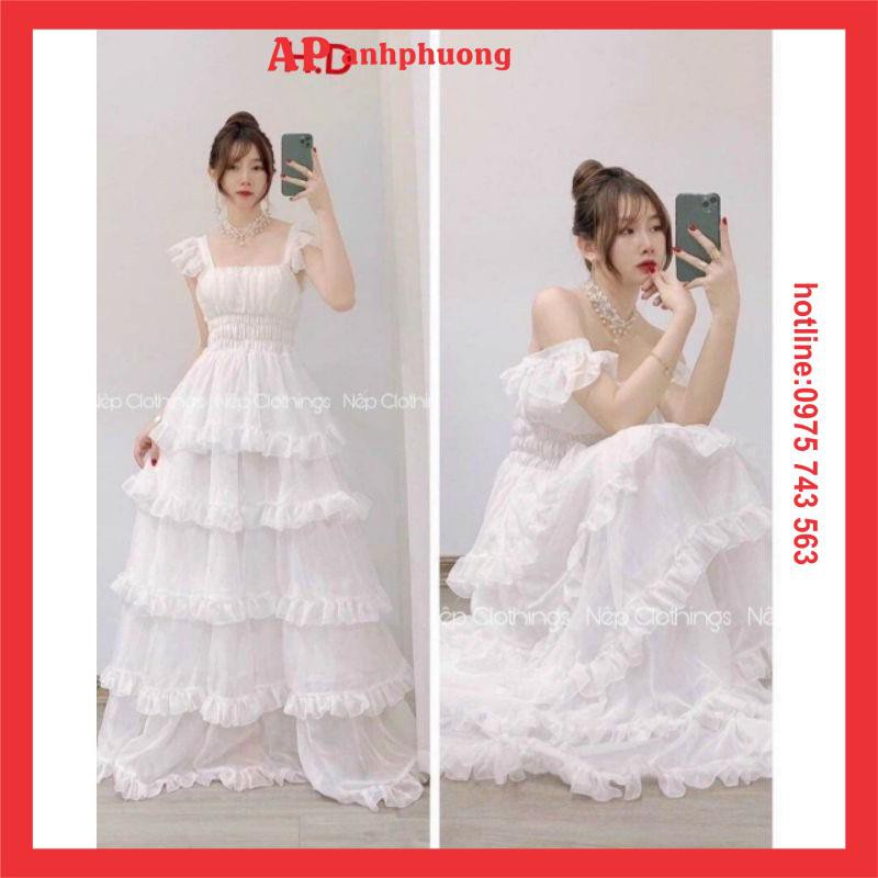 Đầm Trắng Công Chúa Nhiều Tầng Dự Tiệc Dáng XòeVáy Maxi thiết kế trễ vai or cổ vuông; mặc 2kiểu Vintage Tiểu Thư