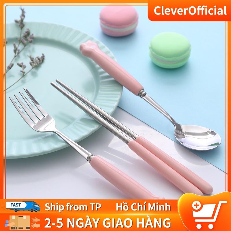 Bộ đồ ăn đũa/muỗng/nĩa cá nhân bằng sứ cao cấp (hoạ tiết chân mèo) kèm hộp đựng sang trọng cho dân văn phòng, học sinh