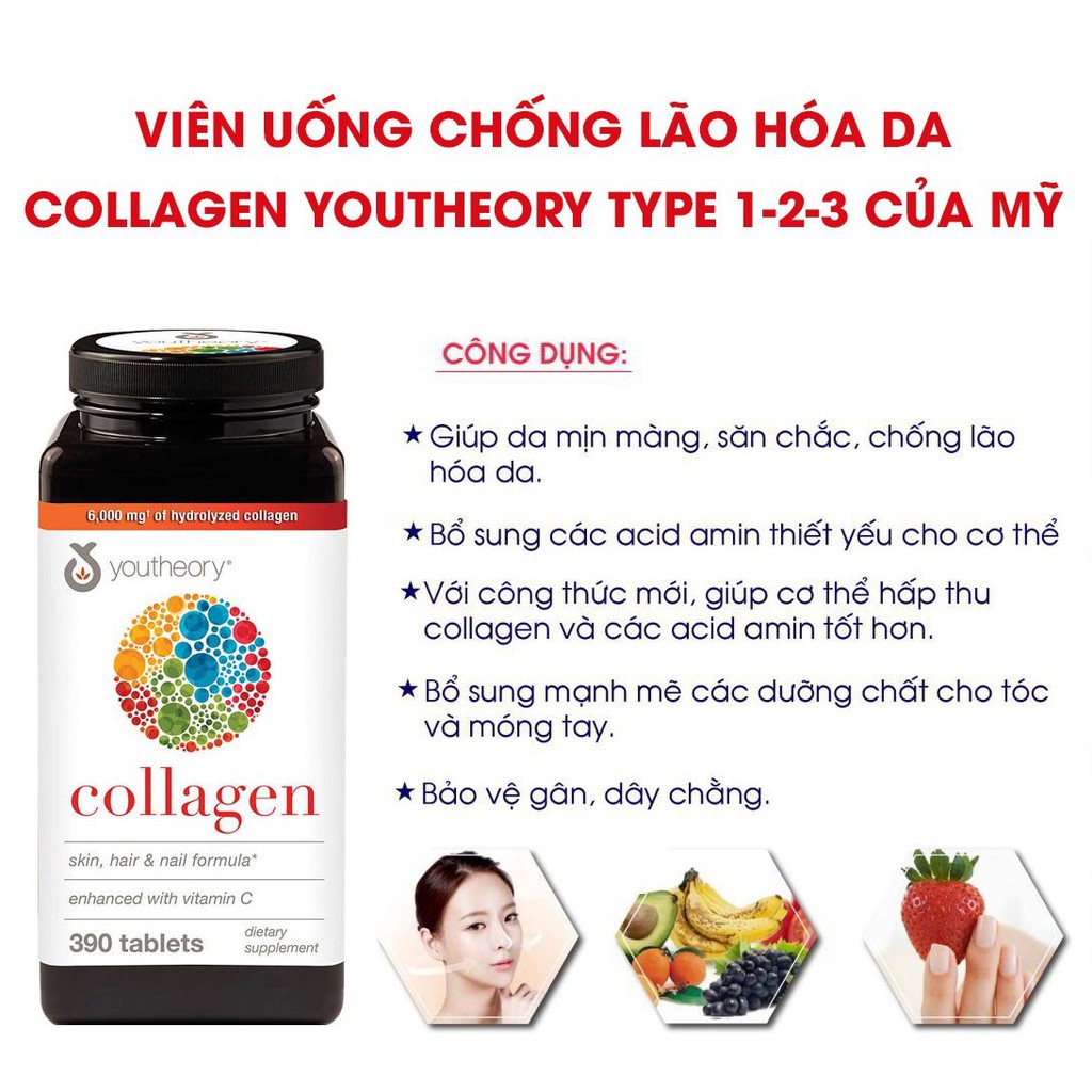 Youtheory Collagen Skin, Hair & Nail Formula Type 1,2,3 đẹp da chống lão hóa, Chai 390 viên