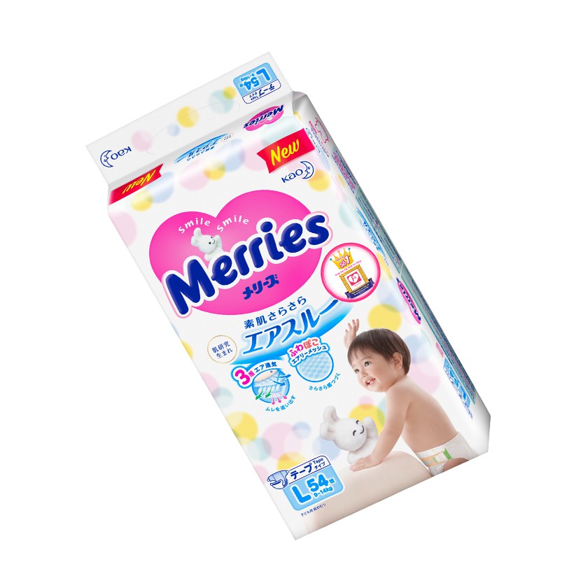 Combo 2 Tã/bĩm dán Merries size L - 54 miếng (Cho bé dưới 9-14 kg)