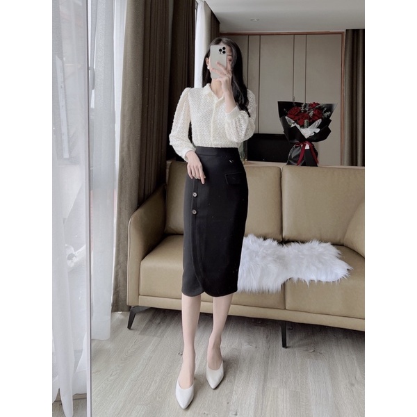 Áo sơ mi ren lông cổ nơ