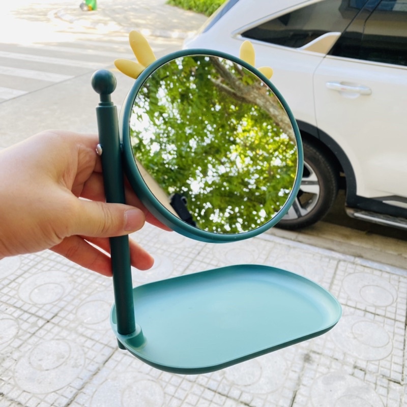 Gương trang điểm để bàn tai mèo xoay 360 độ có khay để trang sức đáng yêu