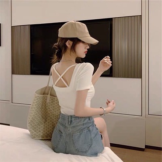 Áo kiểu thun croptop tay ngắn phối dây chéo basic