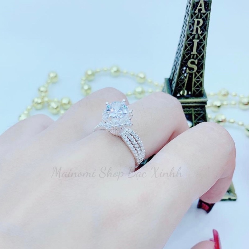 Nhẫn 3 hàng đá viền cong mềm đá hoa cao chuẩn bạc sang xịn Mainomi Shop Bạc Xinh