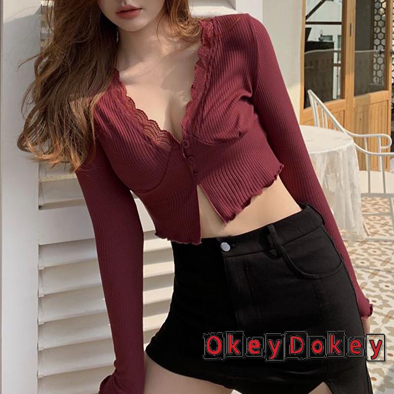 Áo croptop tay dài cổ chữ V cài nút phối ren thời trang cho nữ