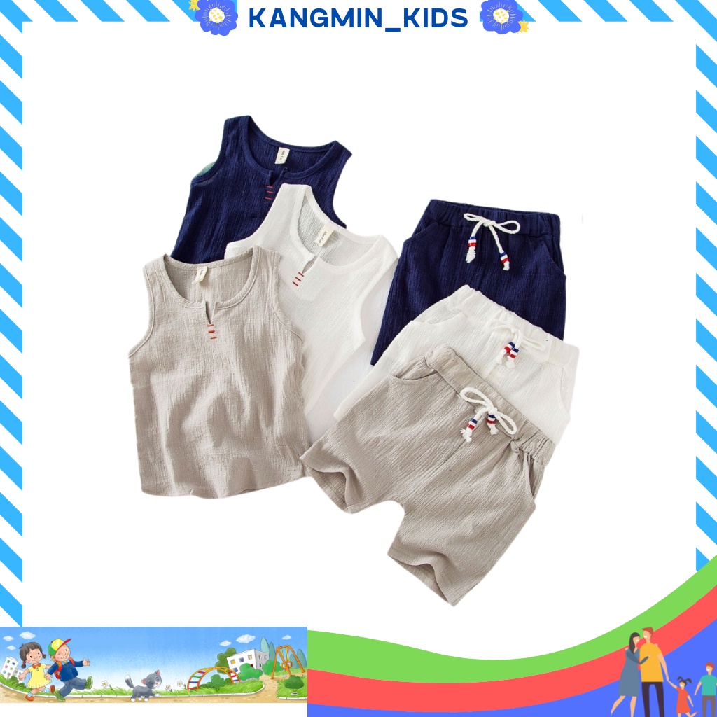 Bộ hè bé trai KANGMIN KIDS, bộ áo ba lỗ bé trai chất đũi nhăn cực mát QATET03, Quần áo trẻ em từ 7-27kg