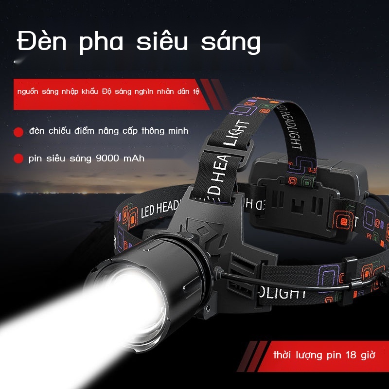 ♘▣▦Đèn pha pin lithium gắn trên đầu chế độ chờ cực lâu ánh sáng mạnh có thể sạc lại của thợ mỏ đánh cá ban đêm