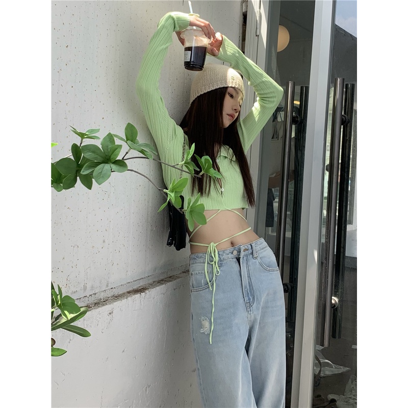 QADCOL  Áo Sweater Dệt Kim Tay Dài Dáng Ôm Cột Dây Trẻ Trung Quyến Rũ Dành Cho Nữ