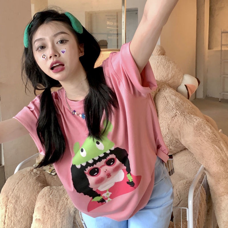 Áo Thun Tay Ngắn Dáng Rộng In Hoạt Hình Kiểu Hàn Quốc Thời Trang Mùa Hè Cho Nữ