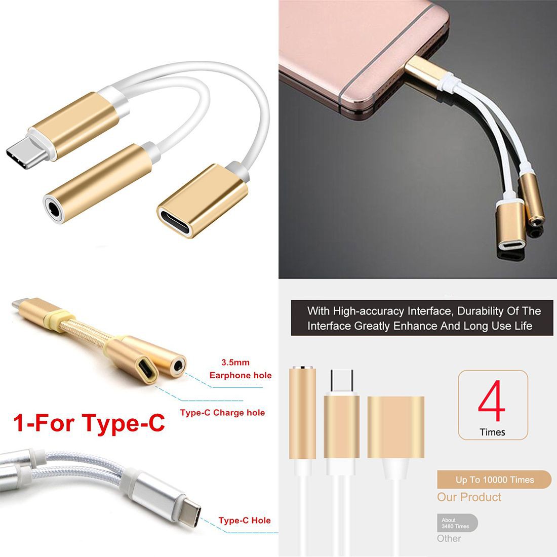 Gold USB TYPE-C to 3.5 audio cable TYPE-C headset cable TYPE-C phone charging adapter