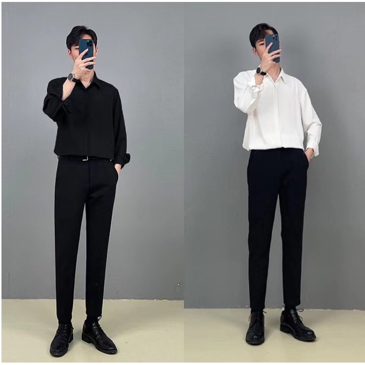 Áo Sơ Mi Nam Dài Tay kiểu giấu cúc Đen Trắng Nâu Xanh Dáng Ôm Cổ Bẻ Hàn Quốc Vải Lụa Nến