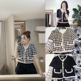 Áo dạ tweed ms.5780 áo dáng croptop phối viền đan, cổ tim nhẹ nhàng, đính cúc ngọc, chất dạ tweed