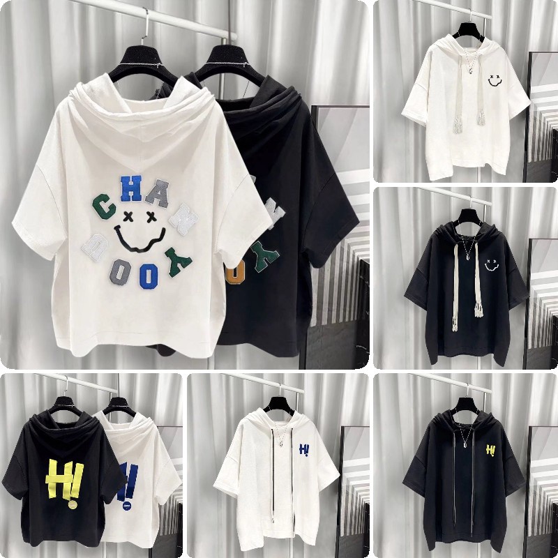 Áo Thun Mùa Hè Tay Cộc Dáng Rộng Có Mũ Trùm Đầu In Chữ Nhiều Màu Sắc Phong Cách Preppy Cho Nam / Nữ Size M-3XL