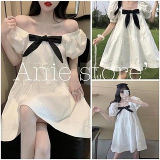 Đầm Babydoll Trắng Cổ Vuông Nơ Cài 🦋FREESHIP🦋 Váy Nữ Cộc Tay Nơ Đen Dáng Xòe
