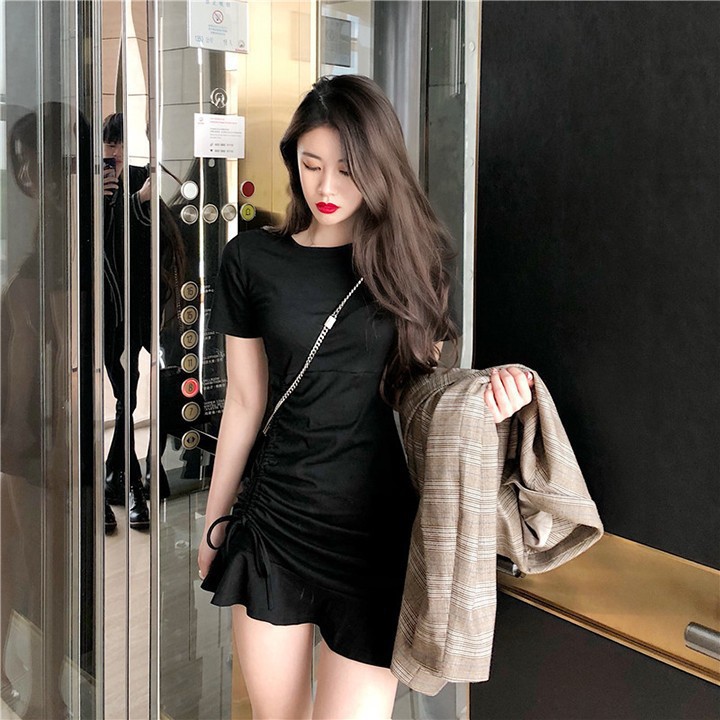 Váy body dây rút dáng ôm đuôi cá màu đen freesize <60kg | BigBuy360 - bigbuy360.vn