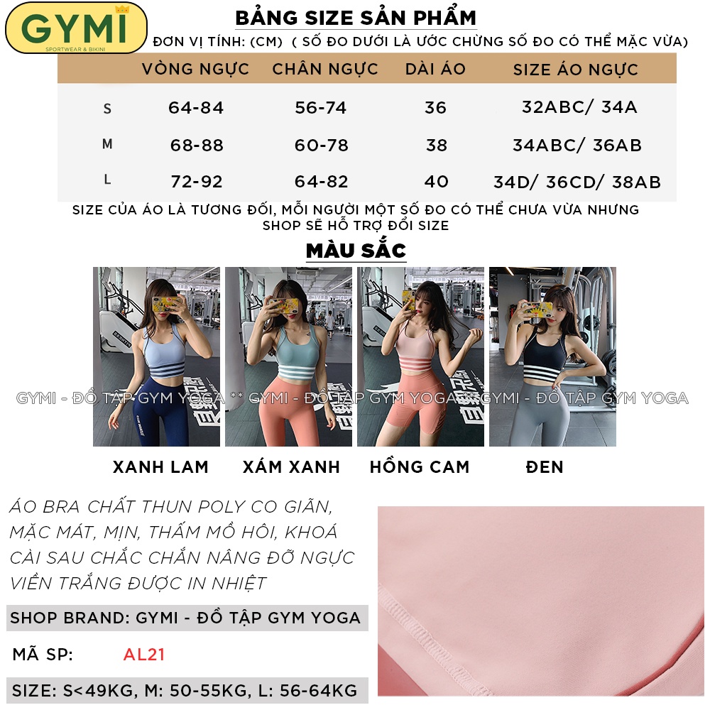 Áo bra tập gym yoga nữ GYMI AL21 chất thun poly thể thao cao cấp khoá cài sau nâng đỡ định hình ngực dây