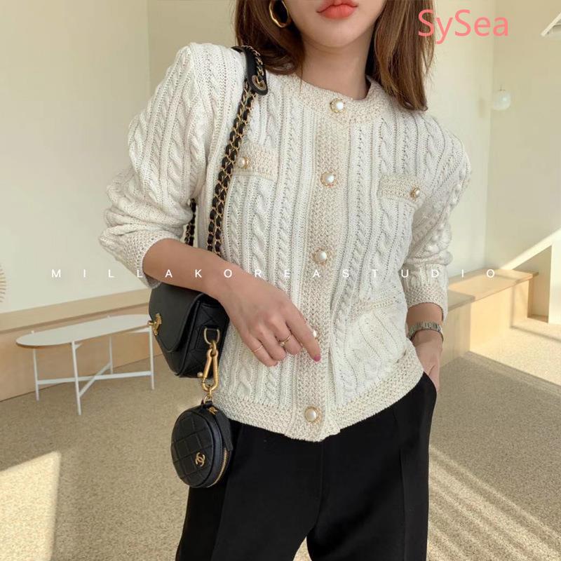 Áo Khoác Cardigan Dệt Kim Tay Dài Phối Nút Ngọc Trai Thanh Lịch