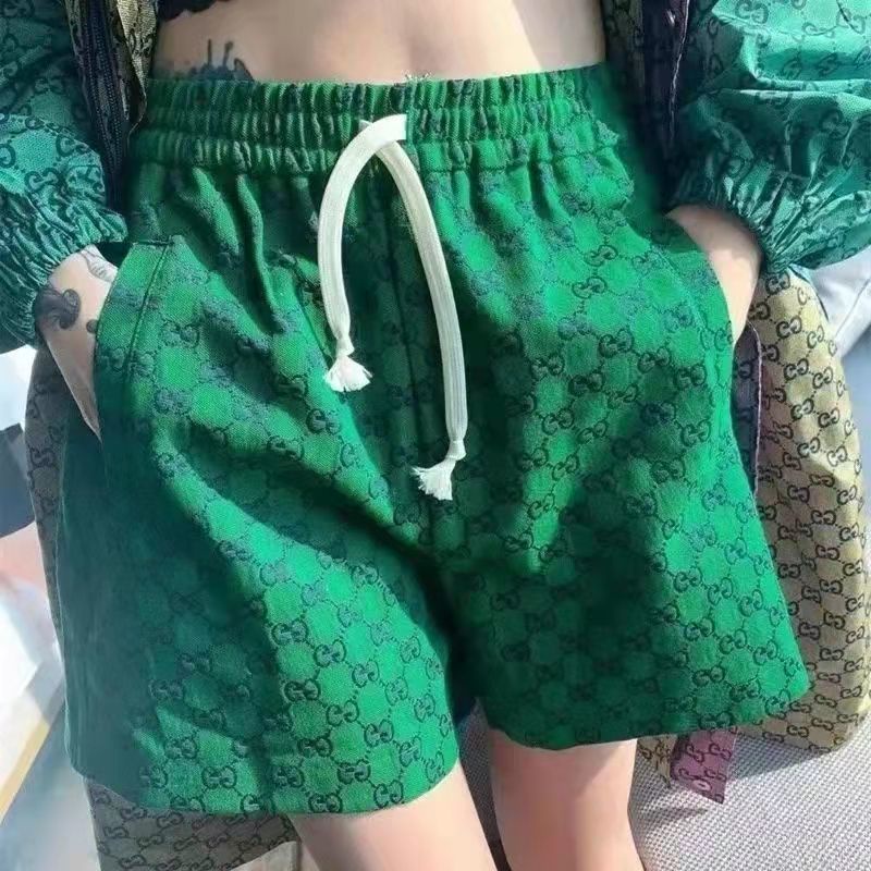 Shorts European and American green shorts women's spring and summer thin straps loose elastic waist casual large size five-point pants wide-leg pants trendy Z3