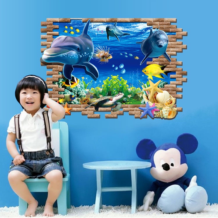 Decan dán tường đẹp, decan dán tường 3d hình cá heo kích thước 60x90