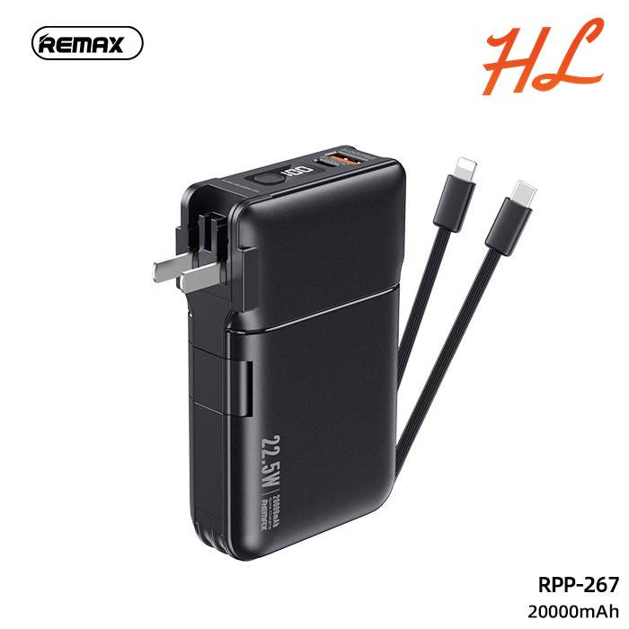 Pin Sạc Dự Phòng Remax RPP-267 20000Mah - Sạc Nhanh QC3.0, VOOC 2.0  PD 20W - Tích Hợp Cáp Sạc, Nguồn AC Sạc Trực Tiếp