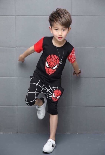 (Tặng mặt nạ) Bộ quần áo hình người nhện màu đen cho bé trai,100% chất cotton - Hãng Little Mon