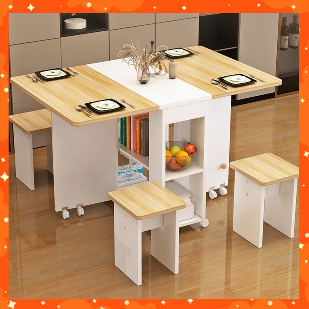 BỘ BÀN ĂN BẰNG GỖ GẤP GỌN HÌNH VUÔNG TIỆN ÍCH, KÈM 4 GHẾ, 4 BÁNH XE