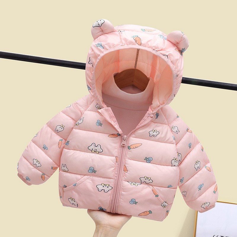 Áo khoác phao siêu nhẹ tai gấu họa tiết cho bé trai/bé gái