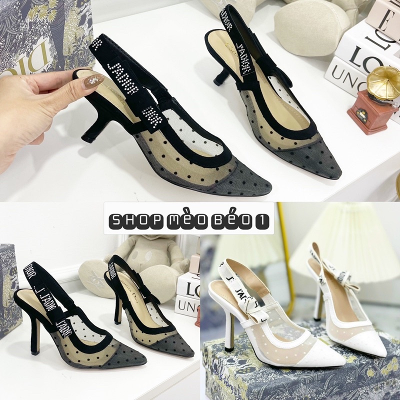 Sandal cd lưới bi nơ quai sau gót nhọn cao fullbox