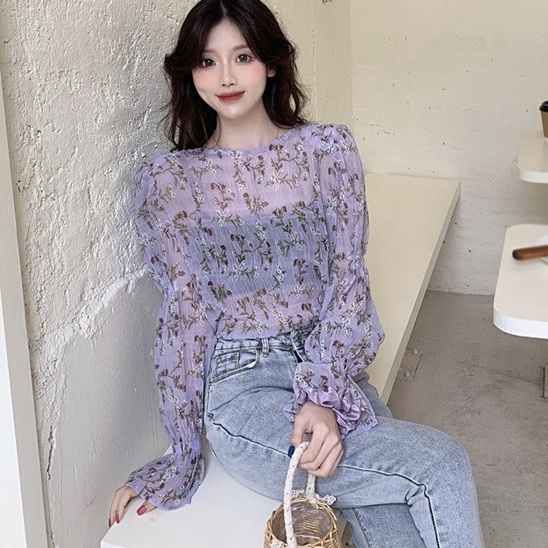 Áo Kiểu Tay Dài Cổ Tròn Chất Chiffon Hoạ Tiết Hoa Nữ Tính