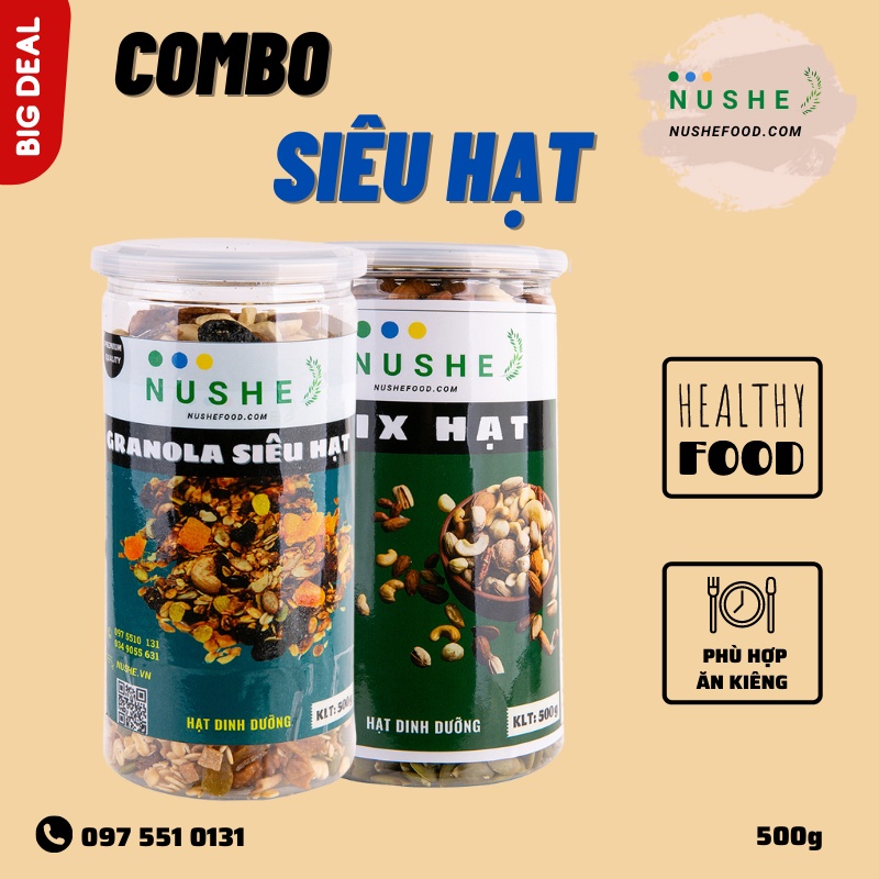 COMBO SIÊU HẠT 500gr/hộp, NUSHEFOOD, Combo gồm Granola Hạt và Mix Hạt, Ăn Liền, Ăn Vặt, Giảm Cân Healthy