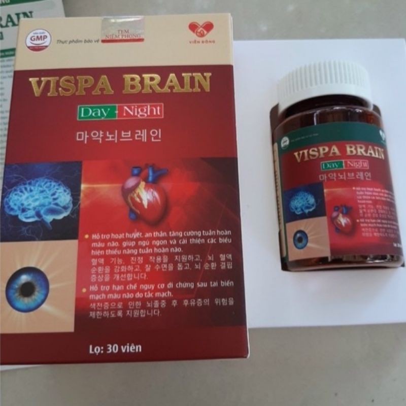 VISPA BRAIN viên bổ não ngày và đêm Hỗ trợ hoạt huyết, tăng tuần hoàn não cải thiện giấc ngủ Hộp 2 lọ x 30 viên