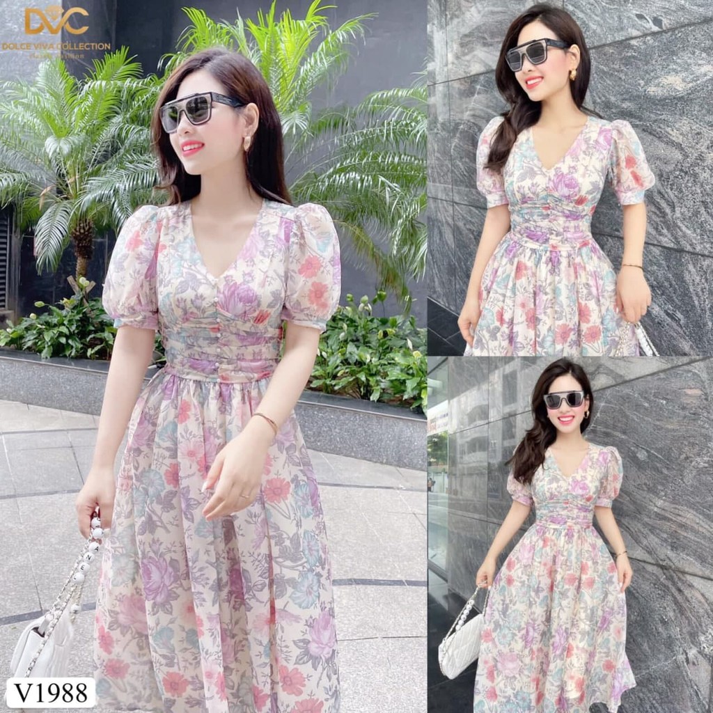 Đầm thiết kế chất voan lụa cao cổ V nhún eo dáng xòe nhẹ nhàng sang chảnh V1988_Miumiushouse [Kèm ảnh thật]