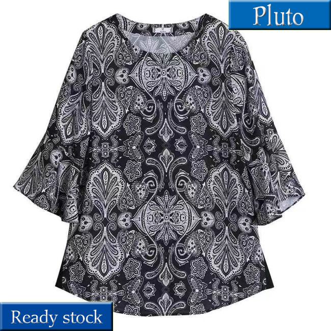 MỚI Áo thun nữ cổ thuyền tay loe in họa tiết cổ điển